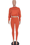 Orange Women Pure Color Long Sleeve Fashion Sexy Dew Waist Hooded Tops Sport Pants Sets ED8534-2