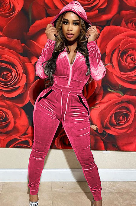 Pink High Quality Velvet Long Sleeve Hoodie Tops Skinny Pants Plain Color Sets YLY128-5