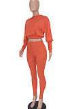 Orange Women Pure Color Long Sleeve Fashion Sexy Dew Waist Hooded Tops Sport Pants Sets ED8534-2