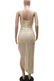 Apricot Women Sexy Party Sequins Irregular Halter Neck Mid Waist Hollow Out Tight Midi Dress CCY9290-1