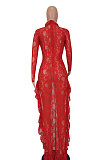 Red Women Long Sleeve Lace Ruffle Collar Irregular Perspectivity Pure Color Ankle Dress ED1070-1