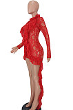 Balck Women Long Sleeve Lace Ruffle Collar Irregular Perspectivity Pure Color Ankle Dress ED1070-3