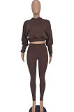 Rose Red Women Pure Color Long Sleeve Fashion Sexy Dew Waist Hooded Tops Sport Pants Sets ED8534-3