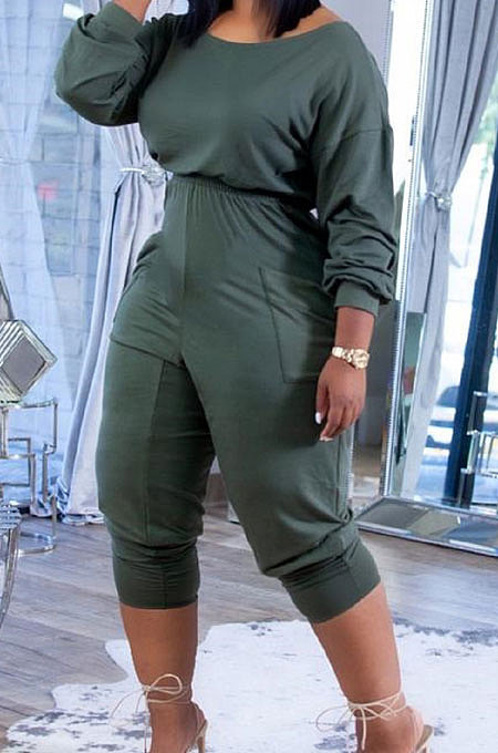 Olive Green Casual Pure Color Long Sleeve Loose Collect Waist Jumpsuits XUY9118-3