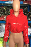 Red Winter PU Long Sleeve Hooded Cotton Padded Crop Coat LA3295-1