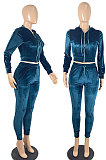 Light Blue High Quality Velvet Long Sleeve Hoodie Tops Skinny Pants Plain Color Sets YLY128-7