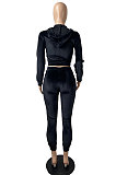 Black High Quality Velvet Long Sleeve Hoodie Tops Skinny Pants Plain Color Sets YLY128-1