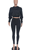 Coffee Women Pure Color Long Sleeve Fashion Sexy Dew Waist Hooded Tops Sport Pants Sets ED8534-4