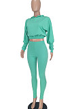 Lake Green Women Pure Color Long Sleeve Fashion Sexy Dew Waist Hooded Tops Sport Pants Sets ED8534-5