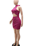 Purple Women Sexy Hollow Out Halter Neck Hot Drilling Hip Bodycon Mid Waist Mini Dress CCY9349-1