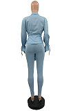 Light Grey Blue New Ruffle Sleeve Lapel Neck Shirts Skinny Pants Solid Color Sets PQ8062