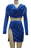 Blue Night Club New Long Sleeve Back Zip Crop Tops Split Skirts Plain Color Sets SMR10433-2