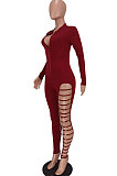 Wine Red Women Pure Color Sexy Chain Long Sleeve Zipper Hollow Out Bodycon Jumpsuits ED1065-2