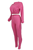 Black Women Long Sleeve Round Collar Solid Color Fashion Dew Waist Drawsting Pants Sets BYQ1035-2