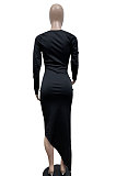 Black Women Trendy Sexy Bandage Pure Color Oblique Shoulder Mid Waist Irregular Mini Dress GHH070