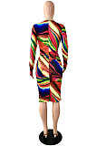 Multicolor Printing Long Sleeve Deep V Neck Bandage Sexy Hip Dress YNS1669