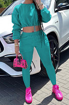 Lake Green Women Long Sleeve Round Collar Solid Color Fashion Dew Waist Drawsting Pants Sets BYQ1035-3