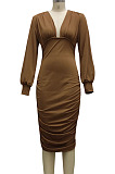 Brown Fashion New Long Sleeve Deep V Neck Collect Waist Bodycon Dress SMR10587-2