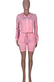 Pink Wholesale Women's Long Sleeve Zipper Hooded Tops Shorts Solid Color Sport Sets MOM8042-2