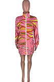 Pink Design Printing Long Sleeve Zip Front Slim Fitting Hip Dress MOM8025