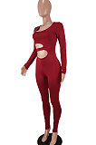 Wine Red Euramerican Women Solid Color Dew Waist Sexy High Waist Bodycon Jumpsuits BYQ1037-2