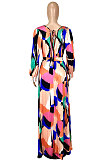 Multicolor Printing New Long Sleeve V Neck Slim Fittting Swing Long Dress YNS1670