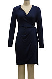 Dark Blue High Quality Long Sleeve V Neck Slim Fitting Plain Color Business Dress SMR10276-3