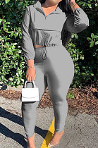 Grey Casual New Long Sleeve Zipeer Loose Tops Skinny Pants Plain Color Sets MOM8029-4