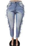 Blue Euramerican Women Tassel Tight Mid Waist Jeans Pants LD8777