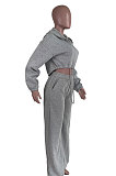 Grey Modest New Long Sleeve Drawsting Zip Hooded Tops Wide Leg Pants Sport Sets TZ1209-1