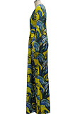 Blue Digital Printing Long Sleeve V Neck Collect Waist Slim Fitting Long Dress SMR10590-2