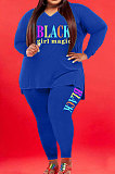 Black Wholesale Fat Women Letter Printing Long Sleeve V Neck Slit T-Shirts Skinny Pants Plain Color Set WA77277-6