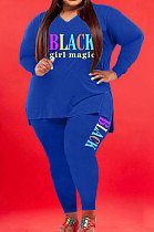 Blue Wholesale Fat Women Letter Printing Long Sleeve V Neck Slit T-Shirts Skinny Pants Plain Color Set WA77277-5