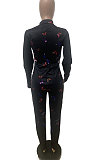 Black Women Long Sleeve Zipper Mid Waist Bowknot Printing Bodycon Jumpsuits LD8756