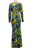 Yellow Digital Printing Long Sleeve V Neck Collect Waist Slim Fitting Long Dress SMR10590-1