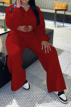 Red Modest New Long Sleeve Drawsting Zip Hooded Tops Wide Leg Pants Sport Sets TZ1209-2