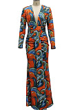 Orange Digital Printing Long Sleeve V Neck Collect Waist Slim Fitting Long Dress SMR10590-3