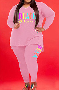 Pink Wholesale Fat Women Letter Printing Long Sleeve V Neck Slit T-Shirts Skinny Pants Plain Color Set WA77277-3