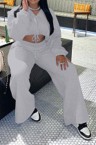 Grey Modest New Long Sleeve Drawsting Zip Hooded Tops Wide Leg Pants Sport Sets TZ1209-1