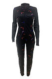 Black Women Long Sleeve Zipper Mid Waist Bowknot Printing Bodycon Jumpsuits LD8756