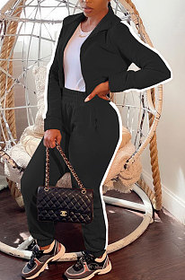 Black Women's High Quality Side Strip Long Sleeve Zip Front Sweater Velvet Trousers Sets TZ1208-2