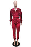 Wine Red High Quality Velvet Batwing Sleeve Zip Crop Tops Trousers Plain Color Sport Sets WY6844-4