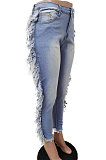 Blue Euramerican Women Tassel Tight Mid Waist Jeans Pants LD8777