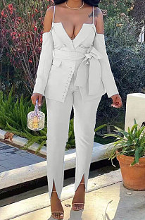 Rice White Women Cardigan Condole Belt Solid Color Sexy V Collar Split Pants Sets LD81043