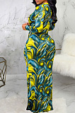 Blue Digital Printing Long Sleeve V Neck Collect Waist Slim Fitting Long Dress SMR10590-2