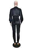 Black High Quality Velvet Batwing Sleeve Zip Crop Tops Trousers Plain Color Sport Sets WY6844-3