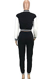 Black Casual Webbing Spliced Ribber Letter  Printing Long Sleeve Cardigan Jacket Coat Trousers Baseball Uniform Sets SM9213-1