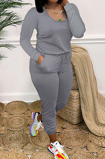 Grey Casual Solid Color Long Sleeve Round Neck Zip Back Collect Waist Slim Fitting Jumpsuits XXR3002-5