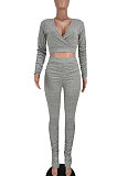Black Women Cotton Blend Fashion Casual Pure Color Long Sleeve V Collar Ruffle Pants Sets AGY68512-2