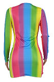 Rainbow Women Trendy Sexy Bandage Printing Mid Waist Round Collar Mini Dress AGY68514